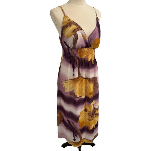 SHE’S COOL Women’s Floral Purple and Yellow Midi Lined Dress Size 1X - Picture 3 of 9